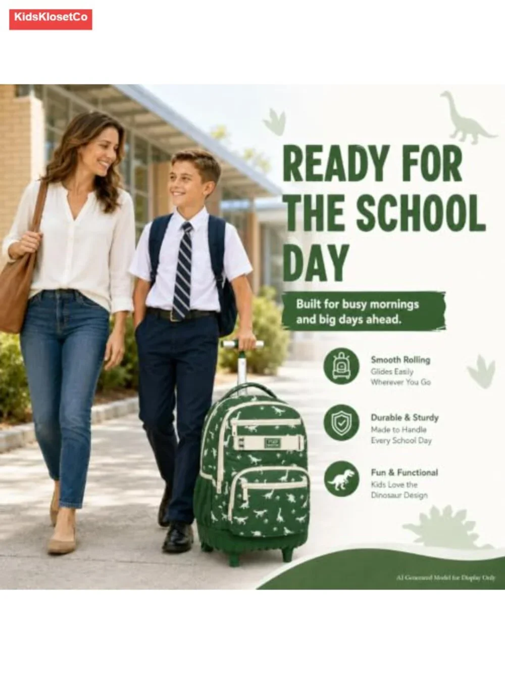 3-Piece Rolling Backpack Boys Kids with Wheels 19 Inch Dinosaur Travel Bookbag